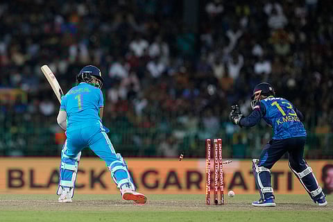 KL Rahul is bowled out by Sri Lanka's Jeffrey Vandersay during 2nd ODI cricket against Sri Lanka